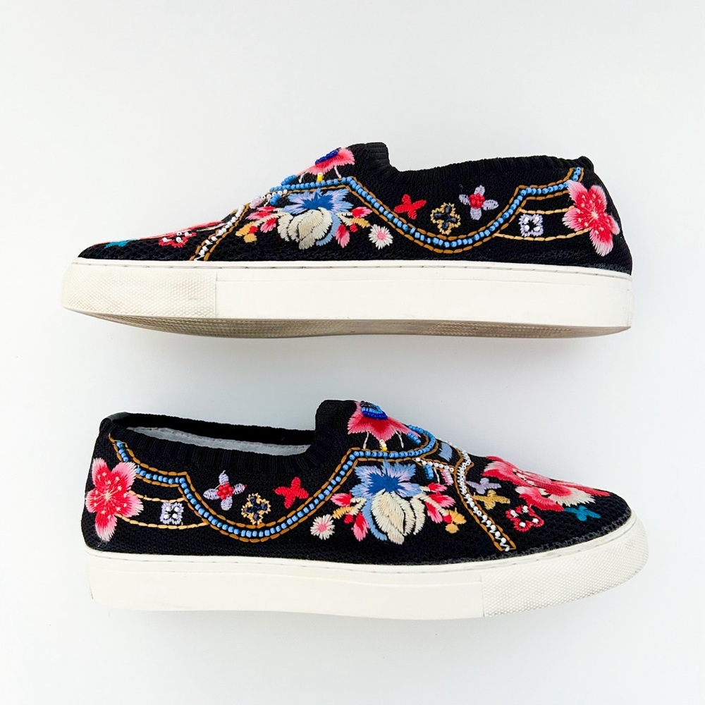 Johnny Was Festival Slip On Sneaker Floral Loafer Beaded Black Pink Boho 9.5 - Picture 6 of 10